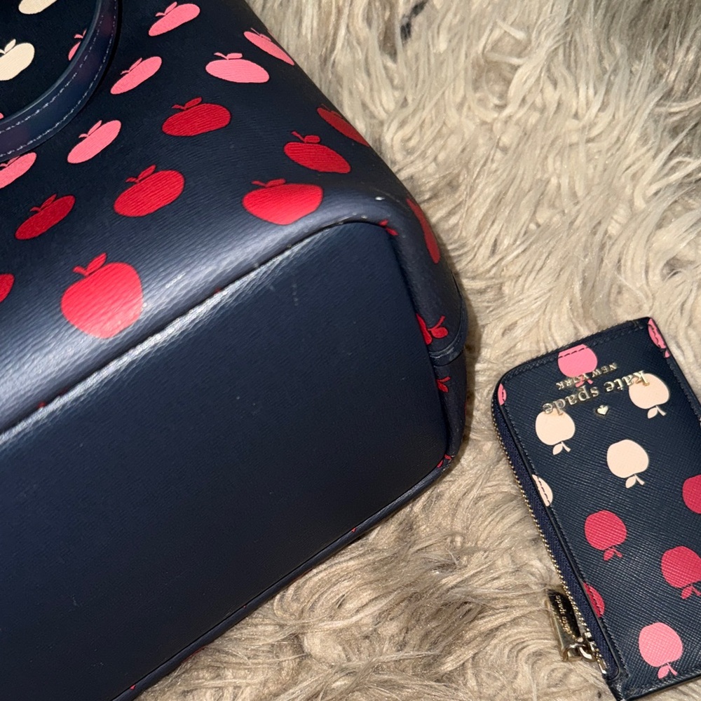 Kate Spade Navy Tote and Wallet with Red and Pink Apple Design - Picture 9 of 13